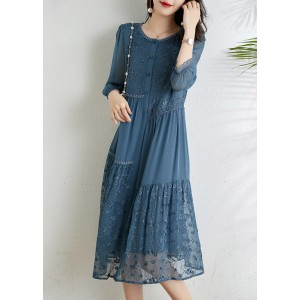 French Light Blue O-Neck Asymmetrical Tulle Patchwork Chiffon Vacation Dresses Three Quarter sleeve