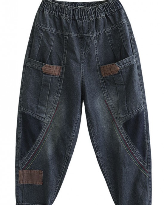 Women Blue Pockets Patchwork Casual Fall Denim Pants Women Blue Pockets Patchwork Casual Fall Denim Pants