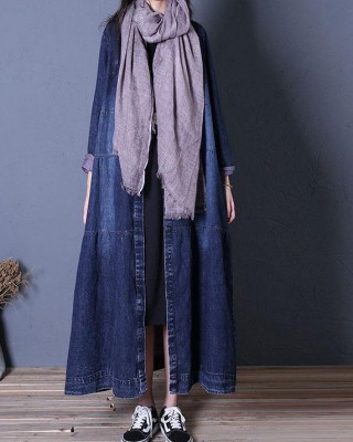 boutique oversize long fall denim blue patchwork Button Down women coats
