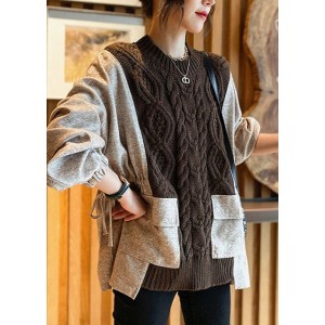 Natural Chocolate Patchwork Pockets Cinched Thick Fall Knit Sweater