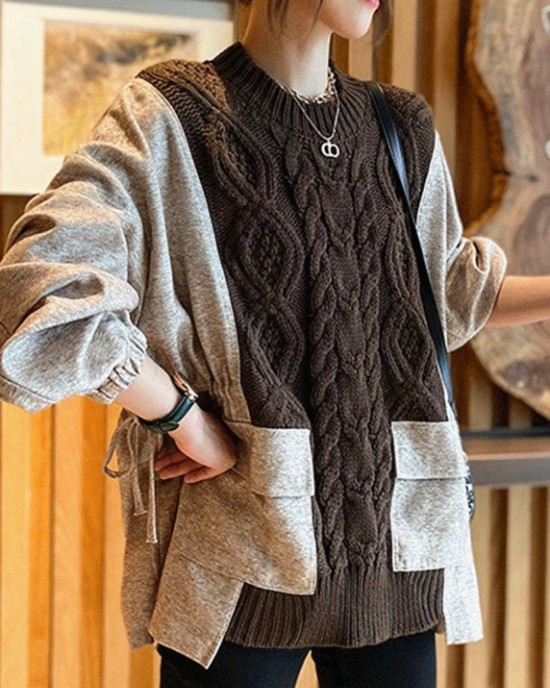 Natural Chocolate Patchwork Pockets Cinched Thick Fall Knit Sweater Natural Chocolate Patchwork Pockets Cinched Thick Fall Knit Sweater