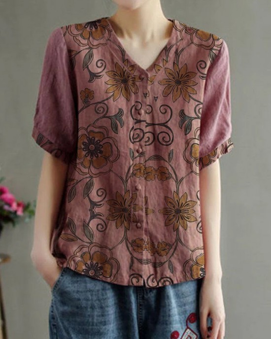 Loose Pink V Neck Embroideried Floral Summer Linen Shirt Loose Pink V Neck Embroideried Floral Summer Linen Shirt