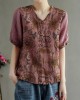 Loose Pink V Neck Embroideried Floral Summer Linen Shirt Loose Pink V Neck Embroideried Floral Summer Linen Shirt