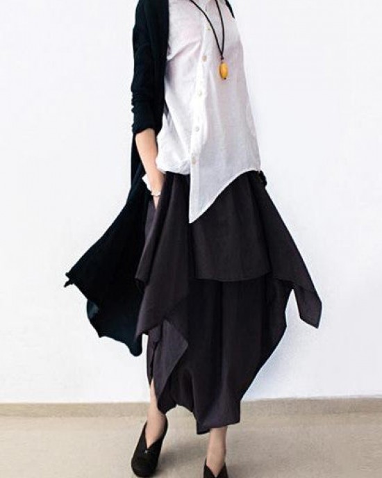 2025 early fall navy linen crop pants wide leg cotton pants asymmetric design
