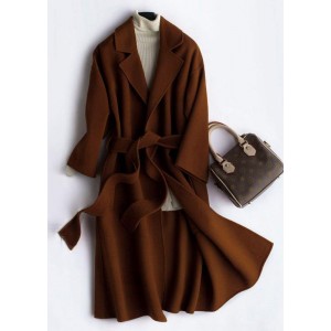 Luxury Oversize Trench Coat  Coat Brown Notched Tie Waist Woolen Coat Women