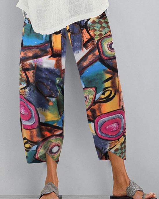 Cotton hemp printed elastic large size Capris Cotton hemp printed elastic large size Capris