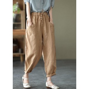 Art Khaki Tie Waist Pockets Summer Harem Pants Linen