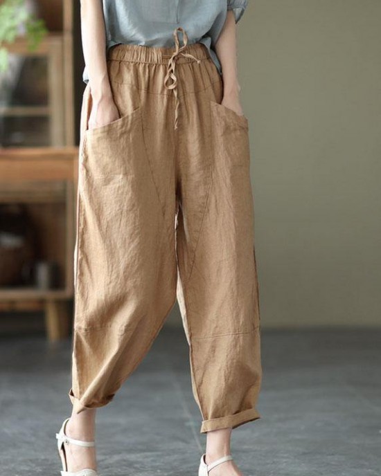 Art Khaki Tie Waist Pockets Summer Harem Pants Linen Art Khaki Tie Waist Pockets Summer Harem Pants Linen