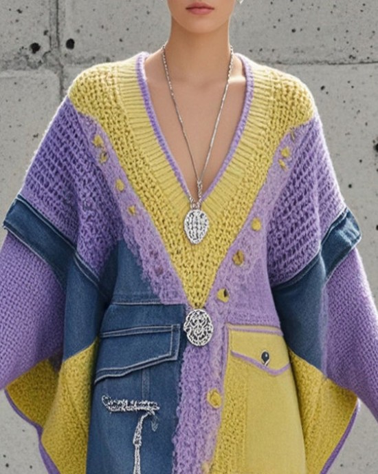 Elegant Purple Asymmetrical Patchwork Denim Long Sweater Batwing Sleeve Elegant Purple Asymmetrical Patchwork Denim Long Sweater Batwing Sleeve