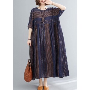 Style o neck Extra large hem cotton summer pattern Work blue striped loose Dress