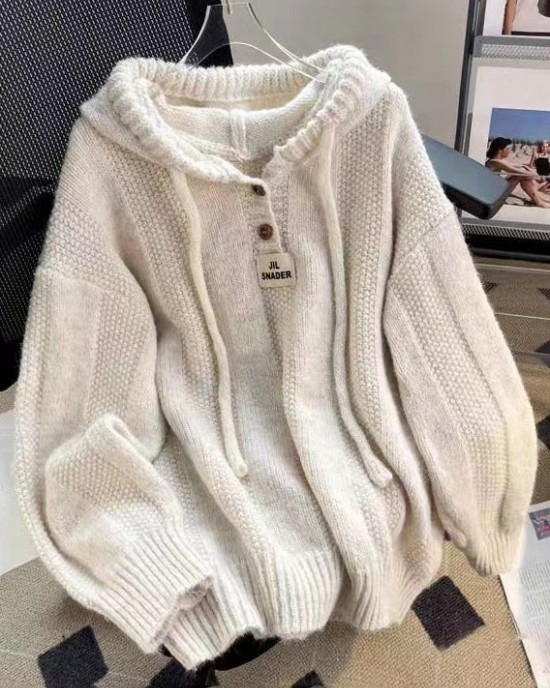 Coffee Button Lace Up Cotton Knit Tops Hooded Long Sleeve Coffee Button Lace Up Cotton Knit Tops Hooded Long Sleeve