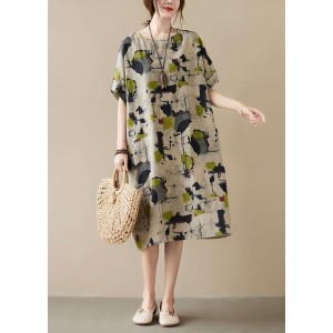 Classy Khaki Print O-Neck Pockets Summer Maxi Dresses Half Sleeve