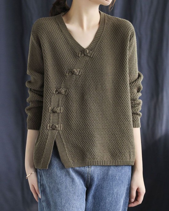 Fitted Red V Neck Button Patchwork Fall Knitted Sweaters Fitted Red V Neck Button Patchwork Fall Knitted Sweaters