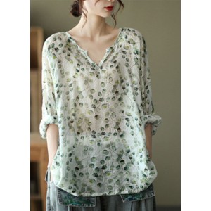 Stylish Green V Neck Print Fall Tops Long sleeve