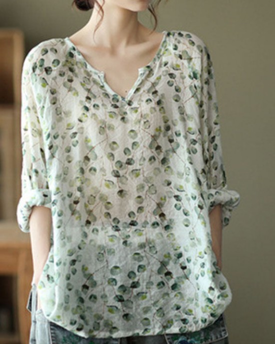 Stylish Green V Neck Print Fall Tops Long sleeve Stylish Green V Neck Print Fall Tops Long sleeve