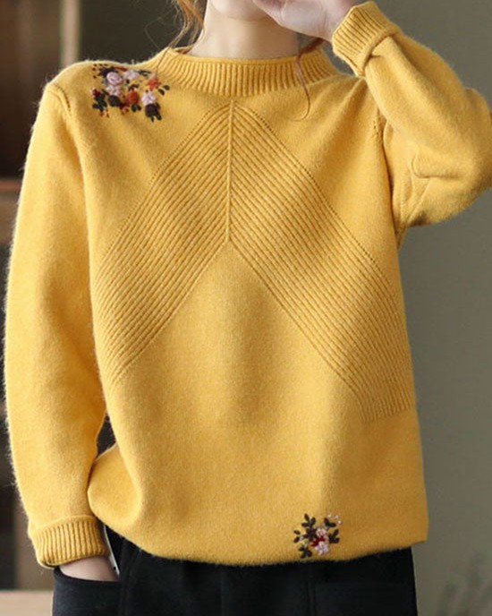 Casual Yellow Embroideried Floral Knit Sweater Winter Casual Yellow Embroideried Floral Knit Sweater Winter