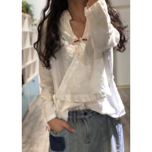 Bohemian white linen Blouse v neck fall top