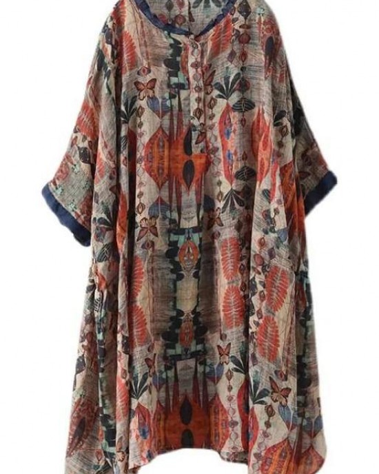 Plus Size-Red Ramie Floral Vintage Women Print Casual Shirt Plus Size-Red Ramie Floral Vintage Women Print Casual Shirt