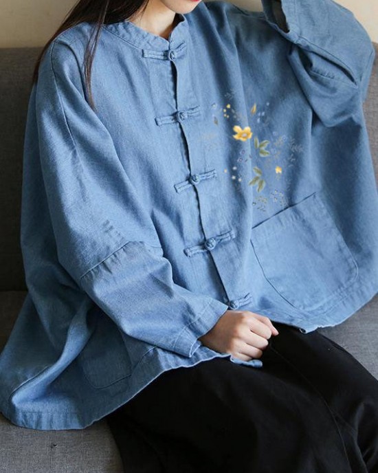 Loose stand collar Chinese Button clothes For Women Sleeve denim light blue shirts Loose stand collar Chinese Button clothes For Women Sleeve denim light blue shirts