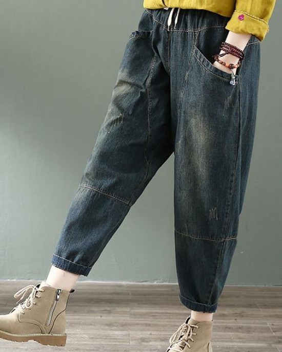 Spring nine points cross pants denim harem pants female elastic waist retro loose trousers Spring nine points cross pants denim harem pants female elastic waist retro loose trousers