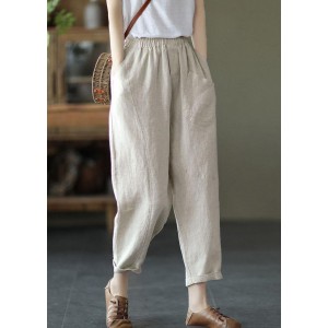 French Beige Elastic Waist Harem Summer Pants Linen