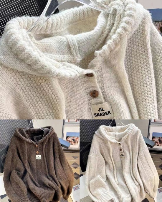 Coffee Button Lace Up Cotton Knit Tops Hooded Long Sleeve Coffee Button Lace Up Cotton Knit Tops Hooded Long Sleeve