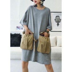 Loose patchwork big pockets Cotton clothes Women Inspiration gray Dresses summer