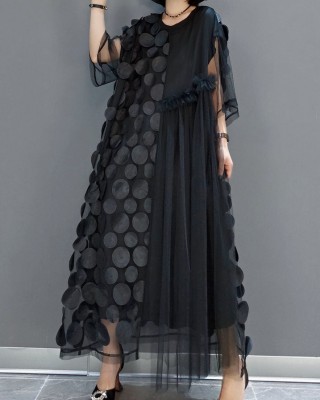 Black Tulle Party Dresses O-Neck Asymmetrical Half Sleeve