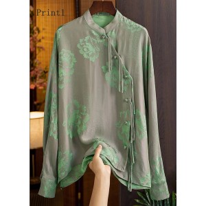 Beautiful Green Mandarin Collar Button Print Silk Shirt Top Spring