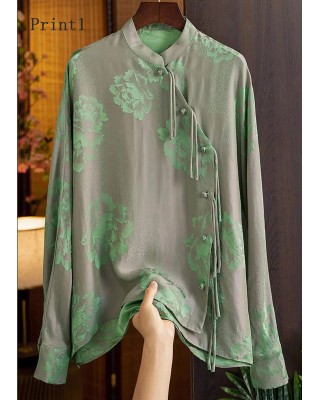 Beautiful Green Mandarin Collar Button Print Silk Shirt Top Spring