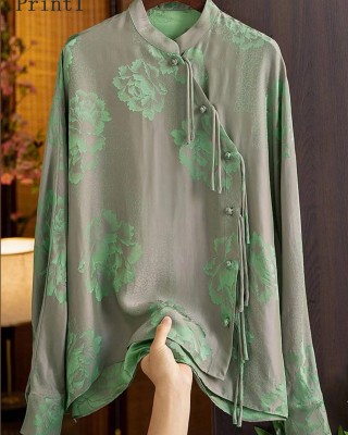 Beautiful Green Mandarin Collar Button Print Silk Shirt Top Spring