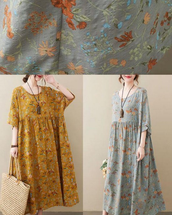 Natural light Yellow O-Neck Pockets Print Summer Sundress Natural light Yellow O-Neck Pockets Print Summer Sundress