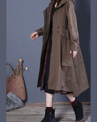 Chic Coffee Loose zippered Button Fall Hoodie Coat trench coats