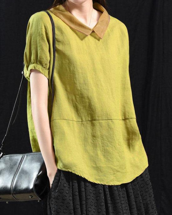 Bohemian Khaki Patchwork Turn-down Collar Summer Short Sleeve Top Bohemian Khaki Patchwork Turn-down Collar Summer Short Sleeve Top