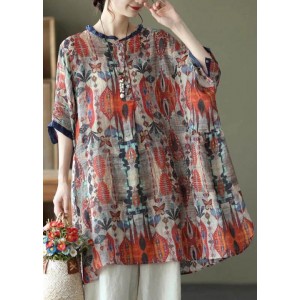 Plus Size-Red Ramie Floral Vintage Women Print Casual Shirt