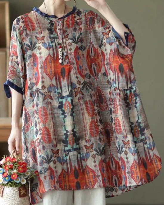 Plus Size-Red Ramie Floral Vintage Women Print Casual Shirt Plus Size-Red Ramie Floral Vintage Women Print Casual Shirt