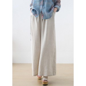 Handmade Beige Elastic Waist Wide Leg Linen Pants