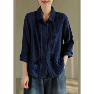 French Tibetan blue button Peter Pan Collar lace Patchwork Cotton Shirt Tops Spring