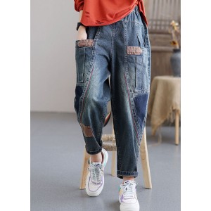 Women Blue Pockets Patchwork Casual Fall Denim Pants