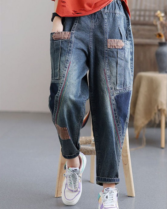 Women Blue Pockets Patchwork Casual Fall Denim Pants Women Blue Pockets Patchwork Casual Fall Denim Pants