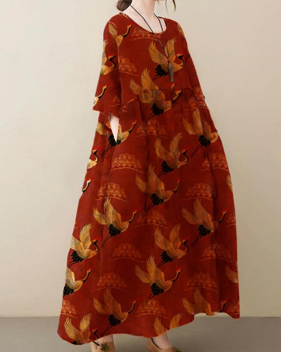 Natural light Yellow O-Neck Pockets Print Summer Sundress Natural light Yellow O-Neck Pockets Print Summer Sundress