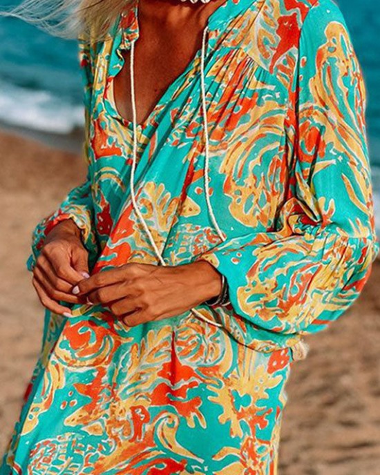 Women Green Oversized Print Cotton Loose Beach Dresses Long Sleeve Women Green Oversized Print Cotton Loose Beach Dresses Long Sleeve