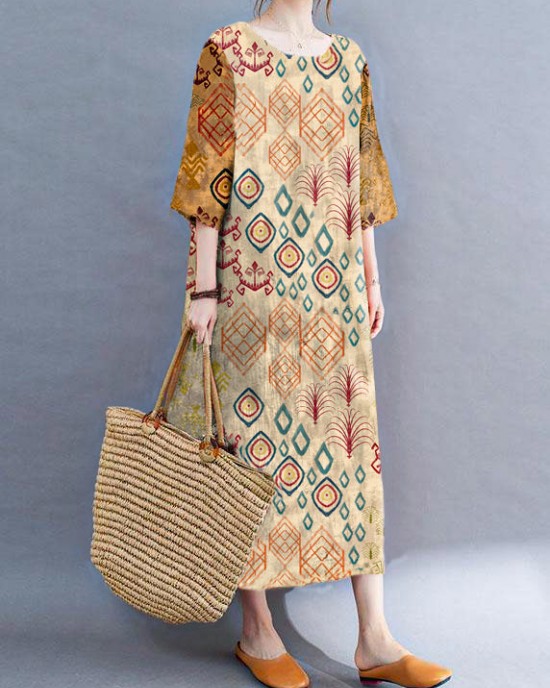 Modern Color Block Loose O-Neck Print Summer Side Open Dress Half Sleeve Modern Color Block Loose O-Neck Print Summer Side Open Dress Half Sleeve