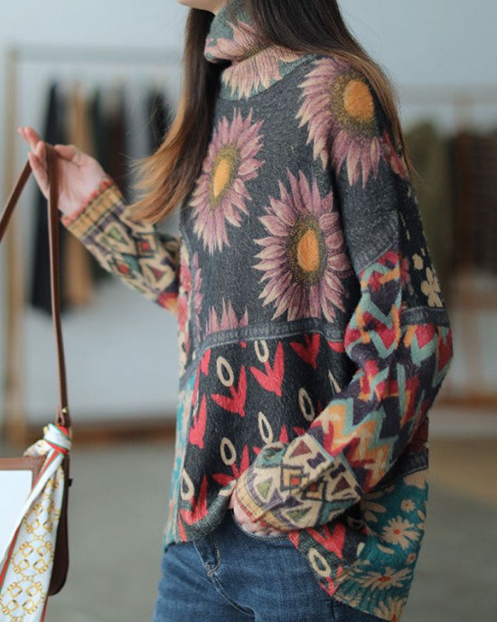 Beautiful Turtle Neck Print Mink Hair Knitted Sweater Tops Winter Beautiful Turtle Neck Print Mink Hair Knitted Sweater Tops Winter