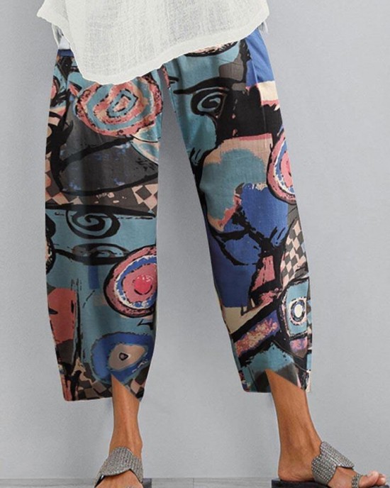Cotton hemp printed elastic large size Capris Cotton hemp printed elastic large size Capris