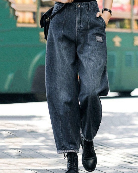 Style Navy High Waist Pockets Harem Casual Fall Denim Pants Style Navy High Waist Pockets Harem Casual Fall Denim Pants