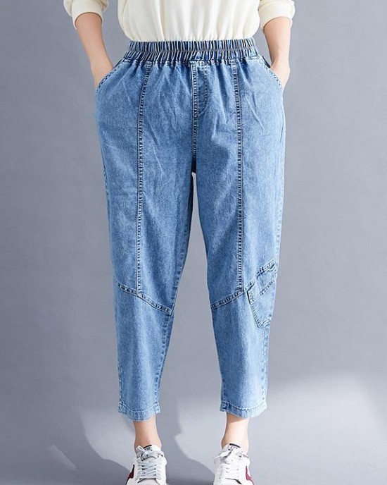 Classy Spring Women Pants Fashion Denim Blue Photography Elastic Waist Patchwork Pant Classy Spring Women Pants Fashion Denim Blue Photography Elastic Waist Patchwork Pant