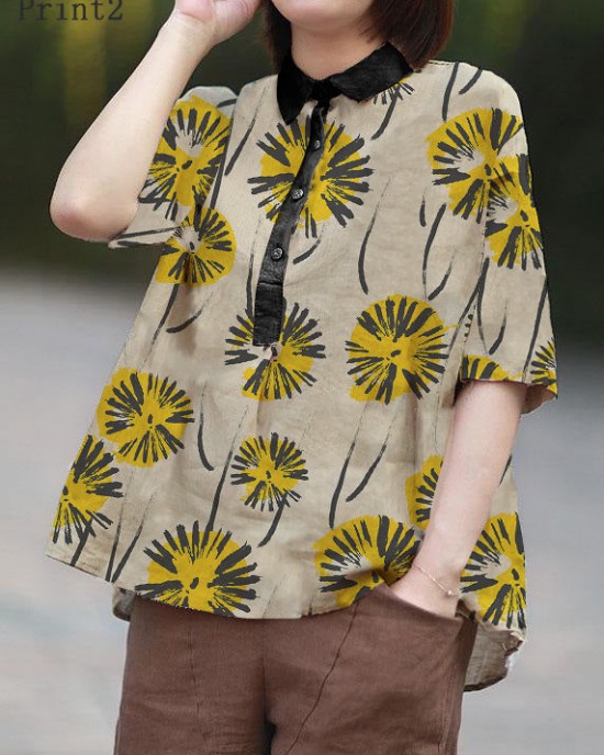 Vintage Beige Peter Pan Collar Print Summer Linen Blouses Half Sleeve Vintage Beige Peter Pan Collar Print Summer Linen Blouses Half Sleeve