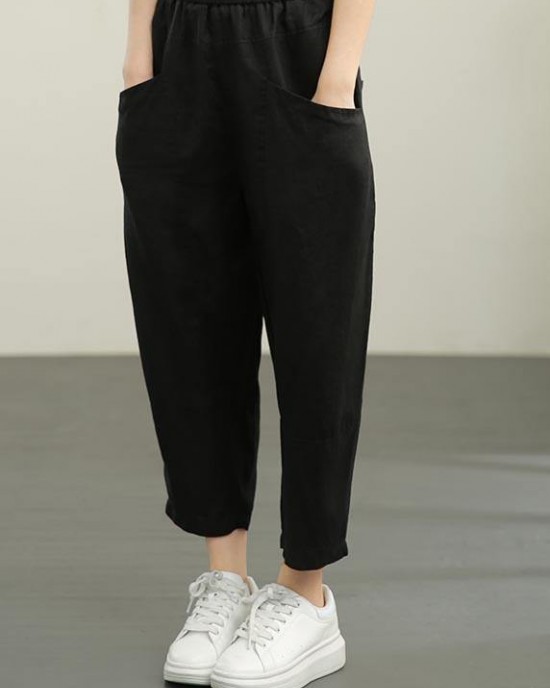 Women Chocolate Elastic Waist Linen Summer Pants Women Chocolate Elastic Waist Linen Summer Pants