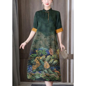 Green Print Silk Long Dress Mandarin Collar Zippered Short Sleeve